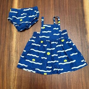 Hanna Andersson Blue and Yellow Mellow Wave Poplin Dress Set with Bloomers